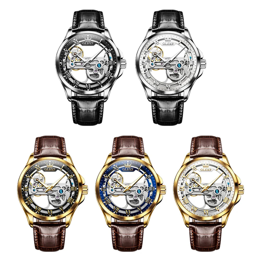OLEVS Men's Automatic Mechanical Watch – Leather Strap Gift Box
