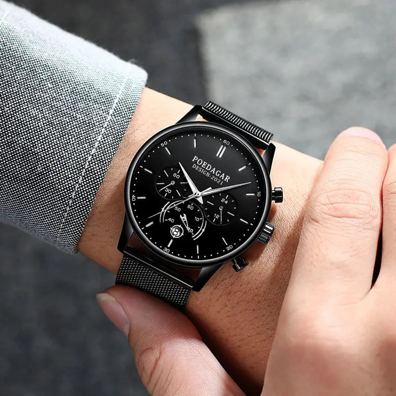 POEDAGAR Men's Slim Chronograph Quartz Watch – Mesh Strap