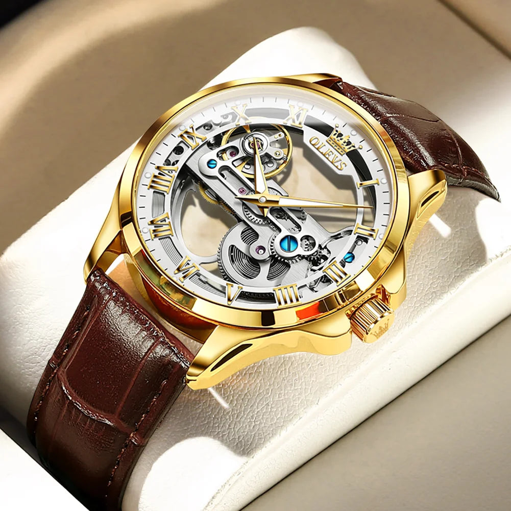 OLEVS Men's Automatic Mechanical Watch – Leather Strap Gift Box