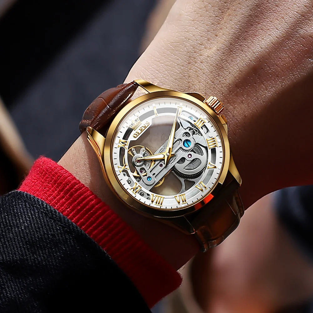 OLEVS Men's Automatic Mechanical Watch – Leather Strap Gift Box