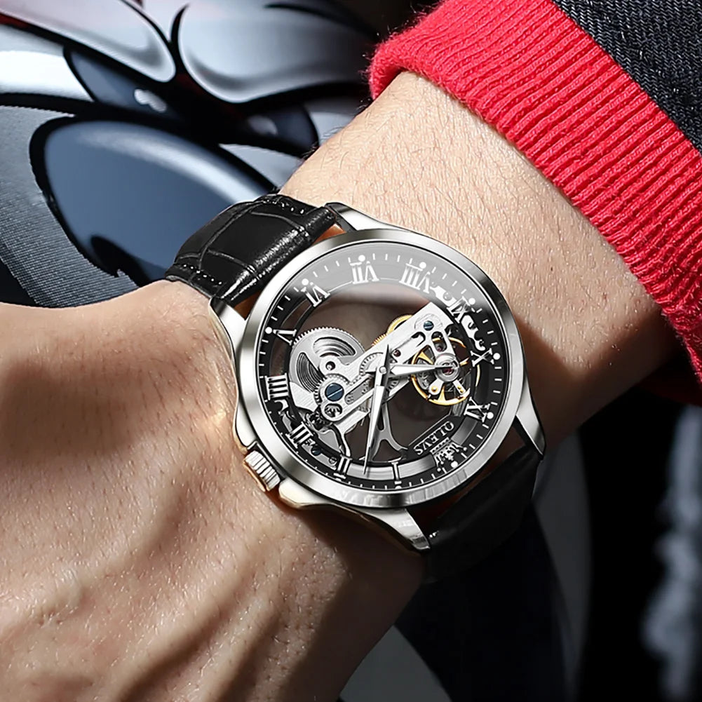 OLEVS Men's Automatic Mechanical Watch – Leather Strap Gift Box