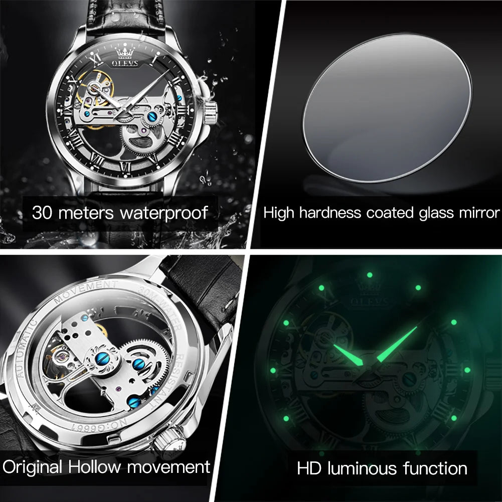 OLEVS Men's Automatic Mechanical Watch – Leather Strap Gift Box