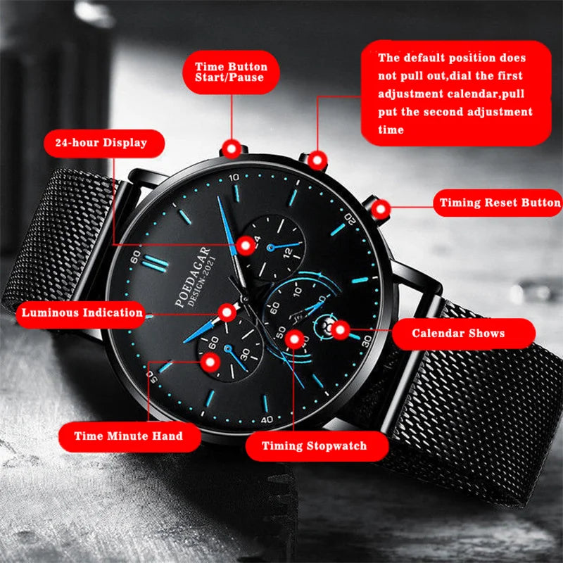 POEDAGAR Men's Slim Chronograph Quartz Watch – Mesh Strap