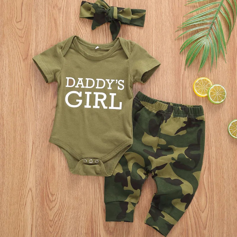 Chic Baby Summer Clothing Set: Camouflage Bodysuit, Pants & Headband
