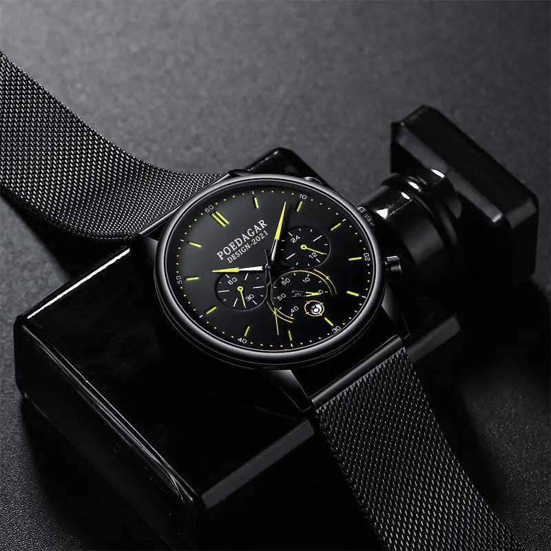 POEDAGAR Men's Slim Chronograph Quartz Watch – Mesh Strap