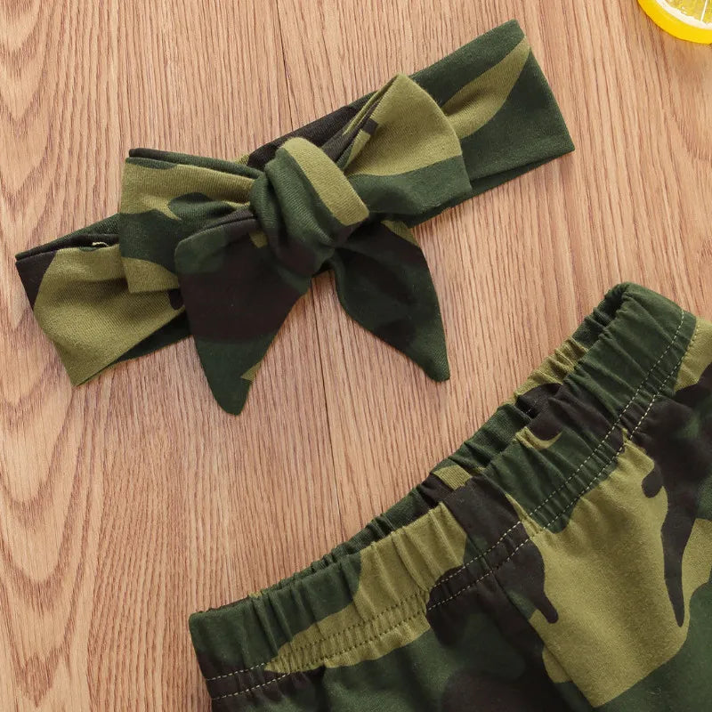 Chic Baby Summer Clothing Set: Camouflage Bodysuit, Pants & Headband