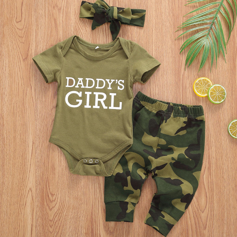 Chic Baby Summer Clothing Set: Camouflage Bodysuit, Pants & Headband