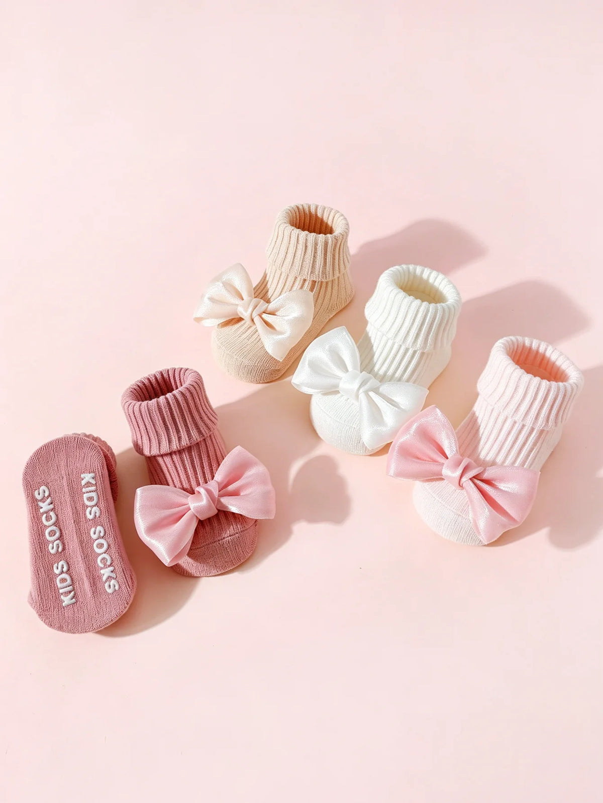 Soft Cotton Baby Girls' Socks with Bow – 4 Cozy Pairs for Tiny Feet