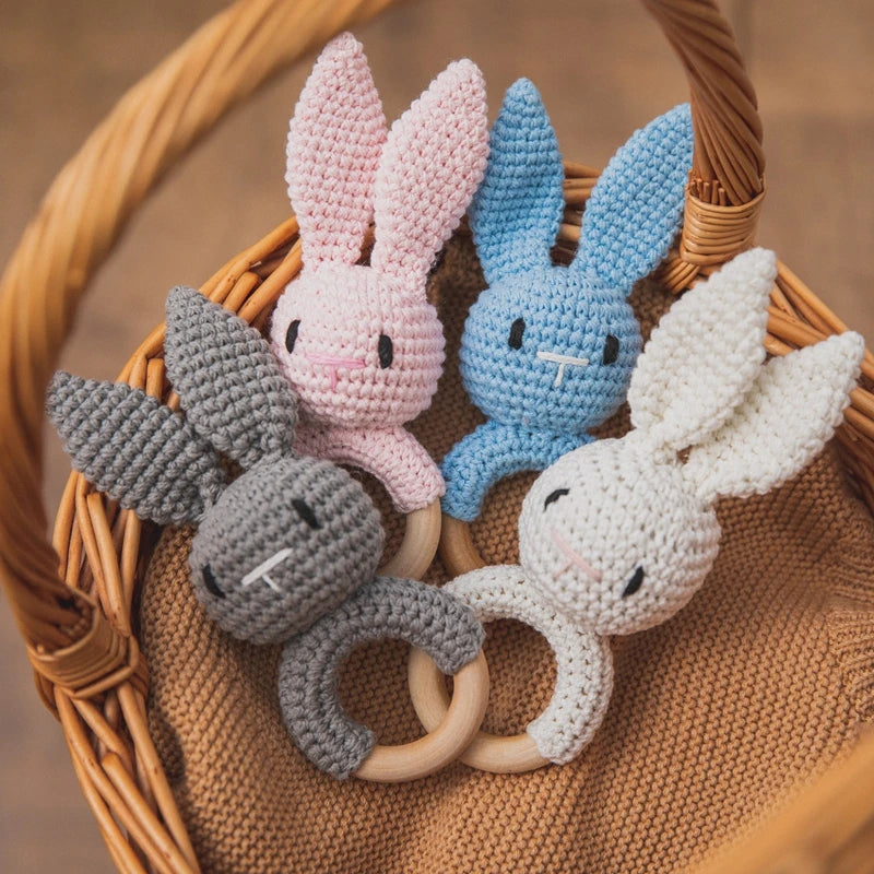 Wooden Teether Rattle - Soothing Music Ring with Rabbit Design for Babies - Pretty & Polished