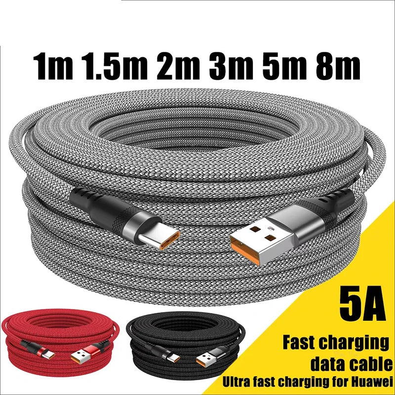 5A Super Charging USB-C Cable – 1M to 8M for Huawei, Xiaomi, Vivo & More