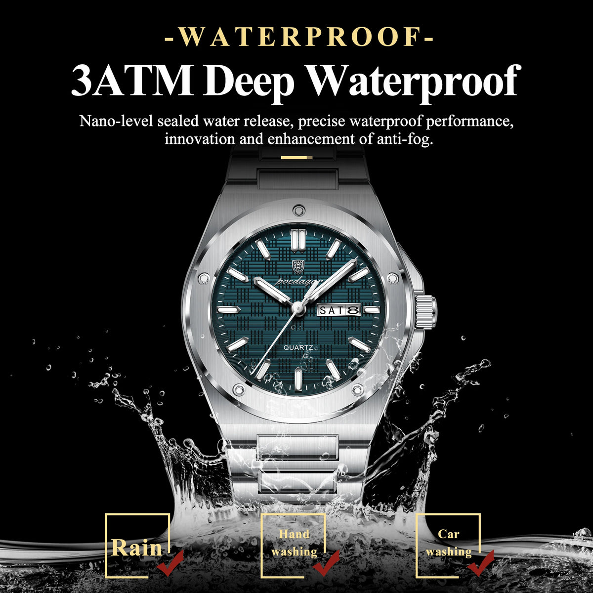 POEDAGAR Men's Classic Quartz Watch – Date Week Luminous Stainless Steel