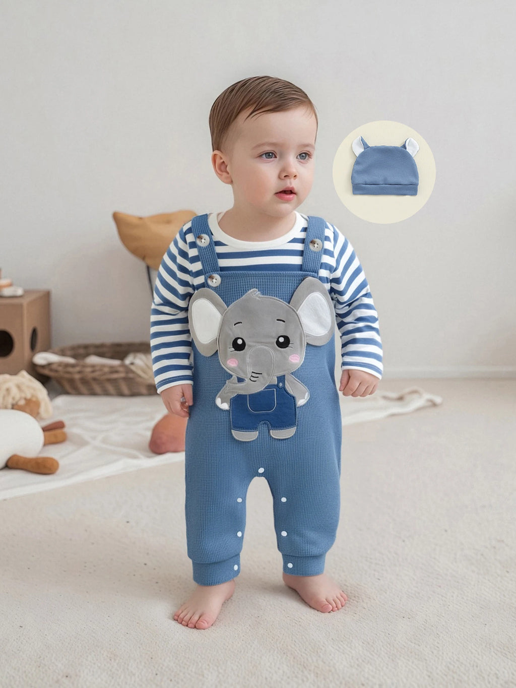 Cute & Comfy Newborn Baby Boys Outfit Set – 3-Piece Striped Romper and Hat