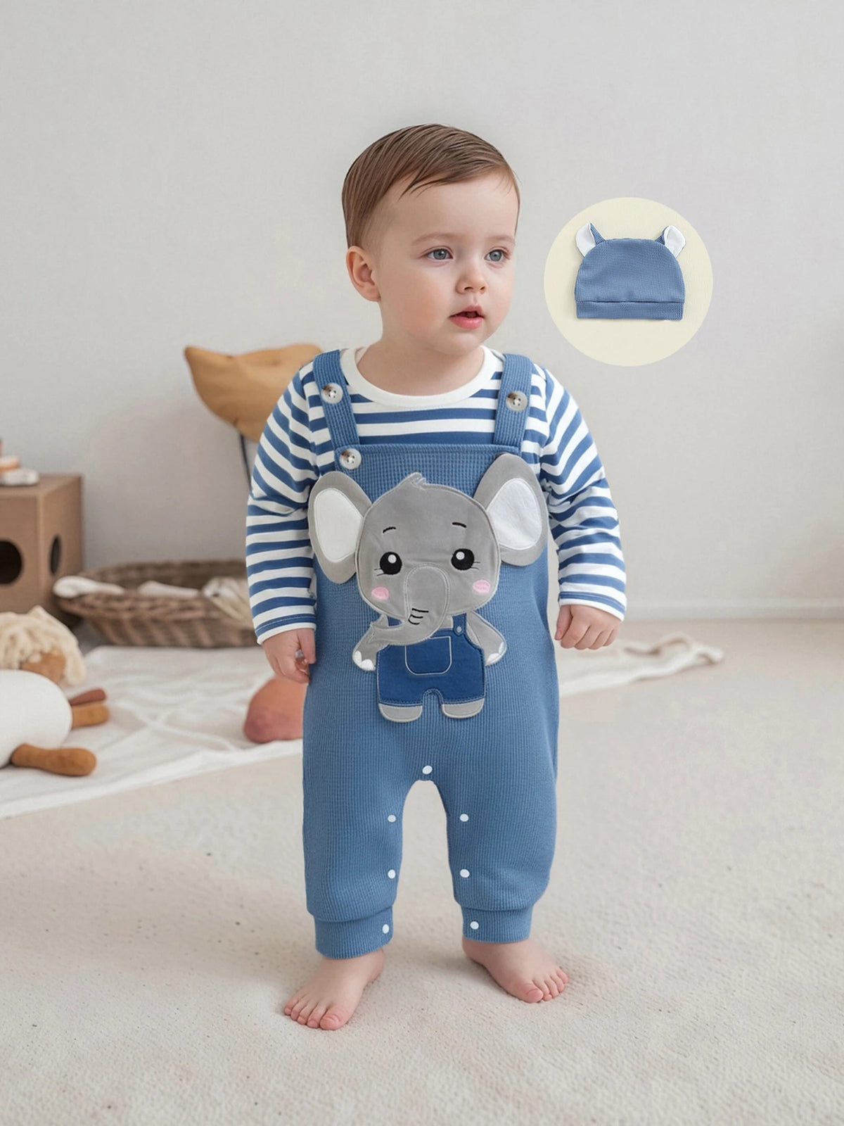 Cute & Comfy Newborn Baby Boys Outfit Set – 3-Piece Striped Romper and Hat