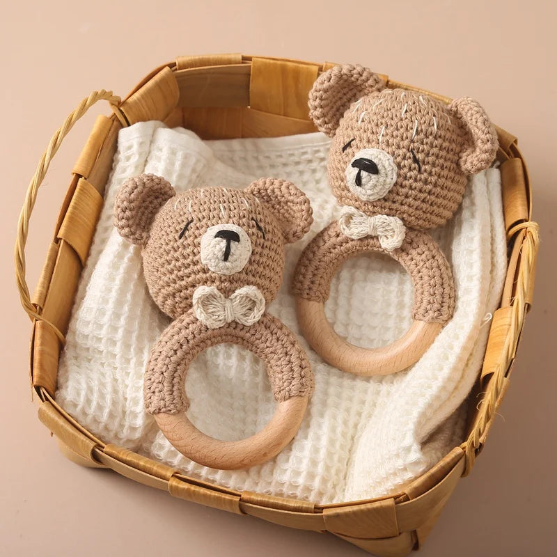 Wooden Teether Rattle - Soothing Music Ring with Rabbit Design for Babies - Pretty & Polished