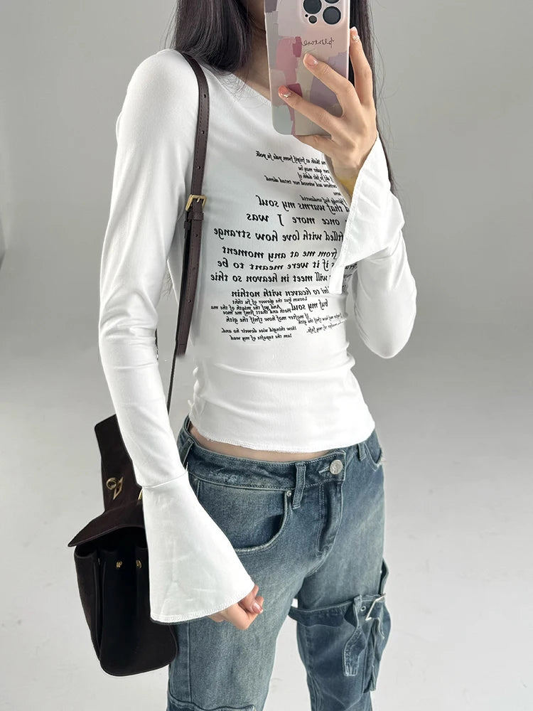 Y2K women's round neck slim fit top, street style printed letter slit flared sleeve T-shirt top
