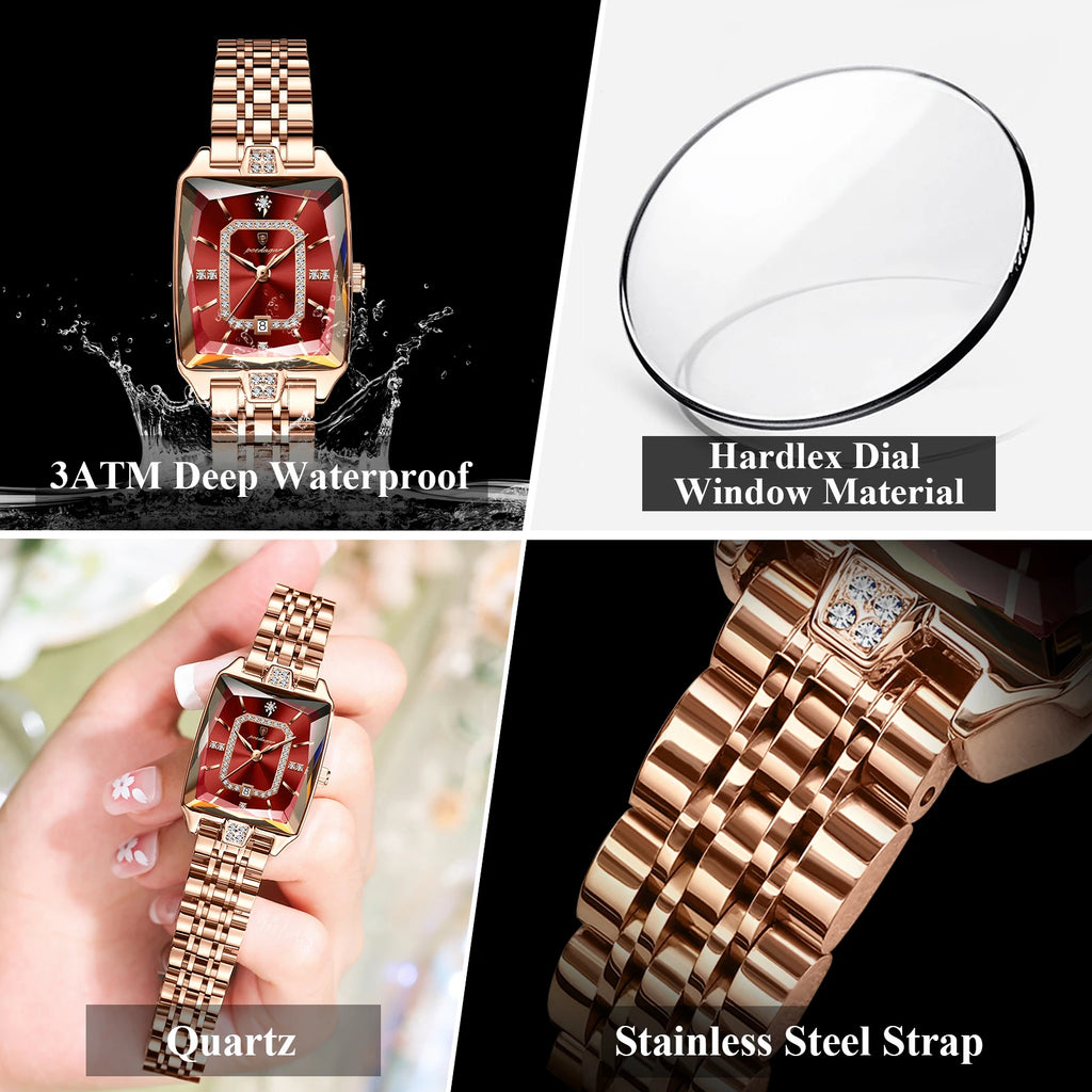 POEDAGAR Women's Elegant Rectangle Quartz Watch – Stainless Steel