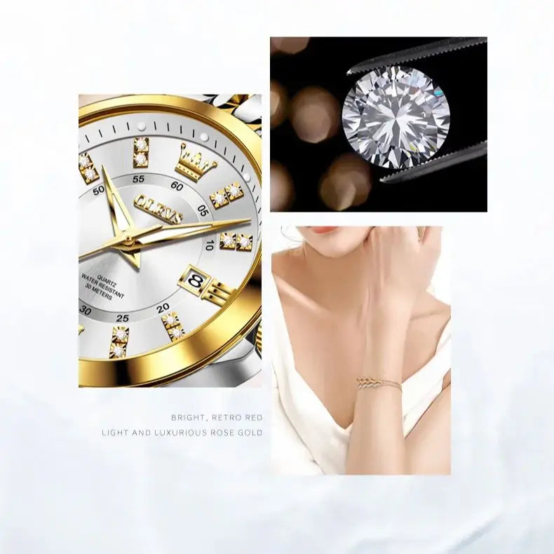 OLEVS Women's Diamond Quartz Watch & Bracelet Set – Calendar Display
