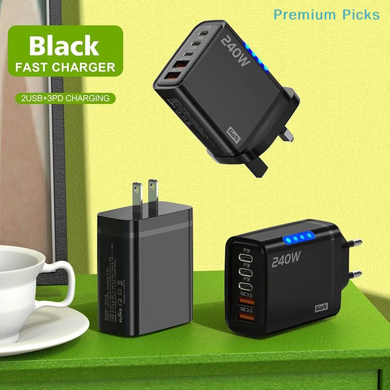 240W 5-Port GaN Charger – PD & QC3.0 USB-C Fast Charging for Travel & Office