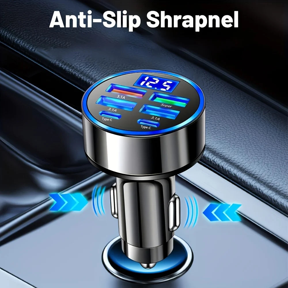 6-in-1 Fast Charging Car Adapter – Dual USB-C Digital Display 3.1A