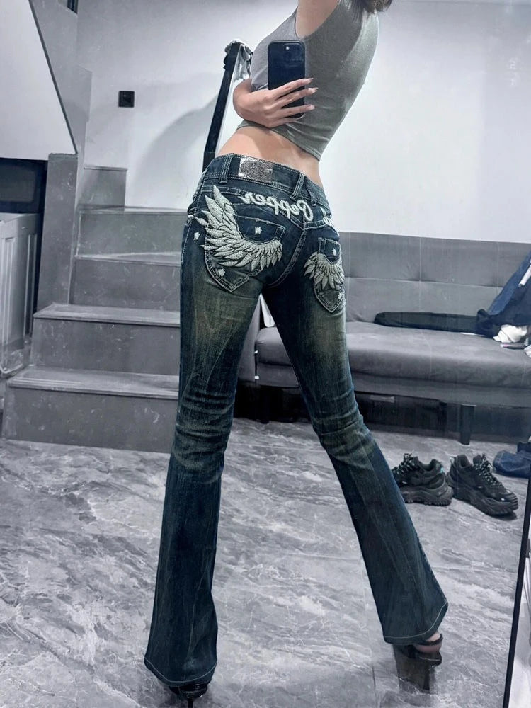 Women's Wing Embroidery Flare Jeans – Low Rise Vintage Denim Trousers