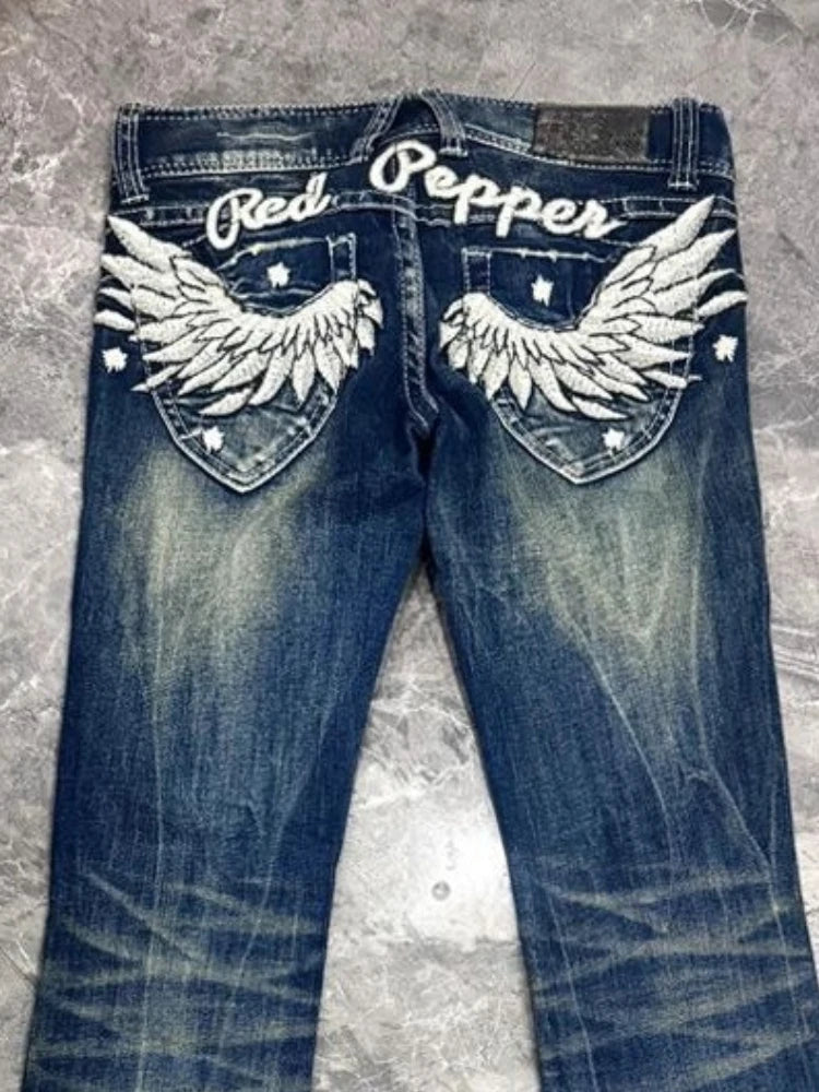 Women's Wing Embroidery Flare Jeans – Low Rise Vintage Denim Trousers