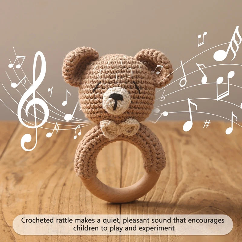 Wooden Teether Rattle - Soothing Music Ring with Rabbit Design for Babies - Pretty & Polished