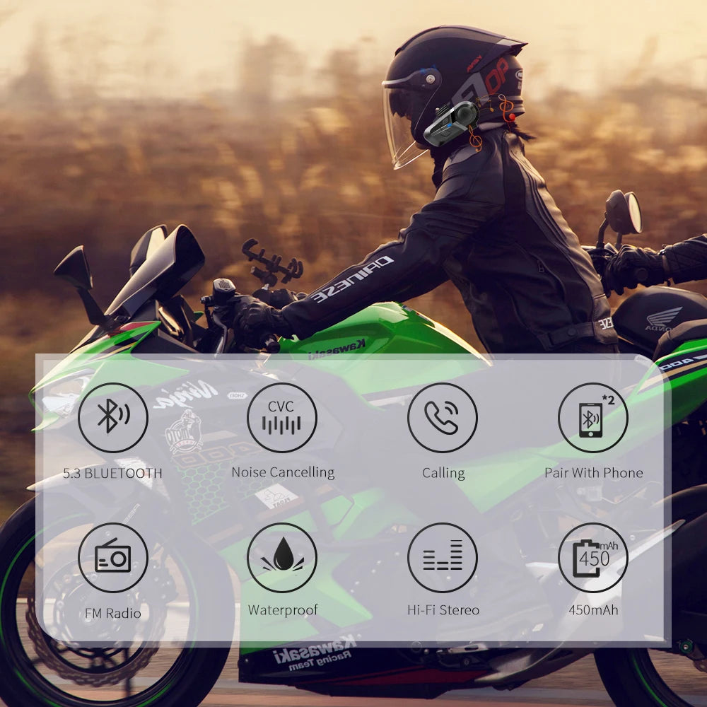 Bluetooth 5.3 Motorcycle Helmet Headset – Wireless Hands-Free, Waterproof Speaker & Music Player