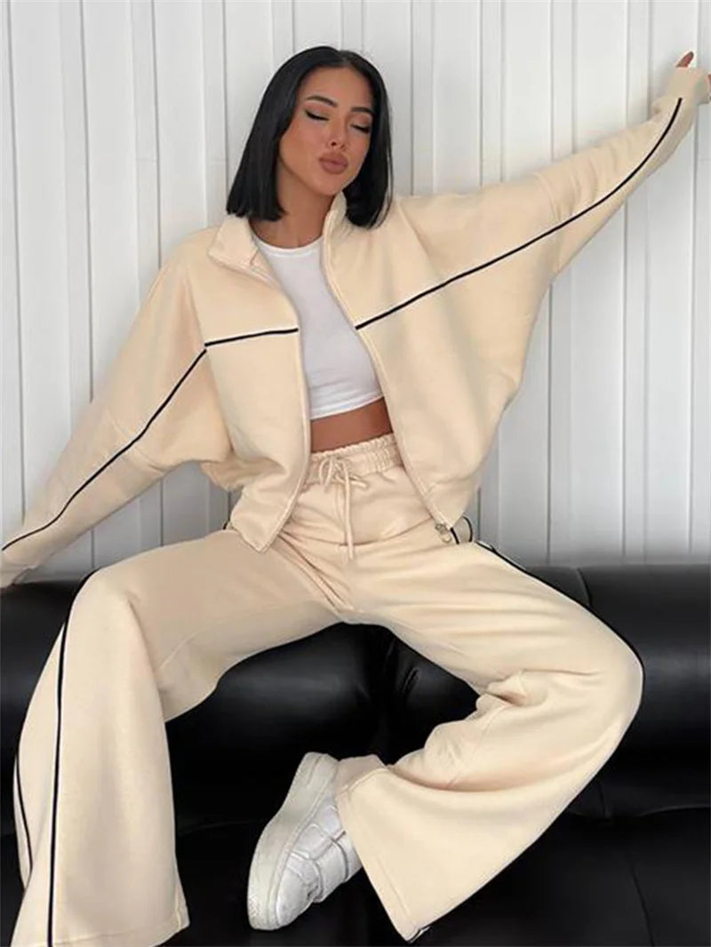 Women's Striped 2-Piece Tracksuit – Zip Jacket & Straight Trousers Set
