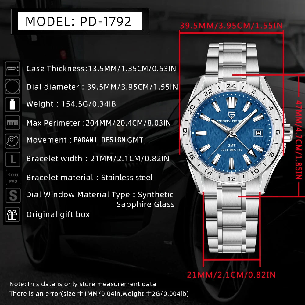 PAGANI DESIGN Men's GMT Automatic Watch – Sapphire Glass 100M Waterproof