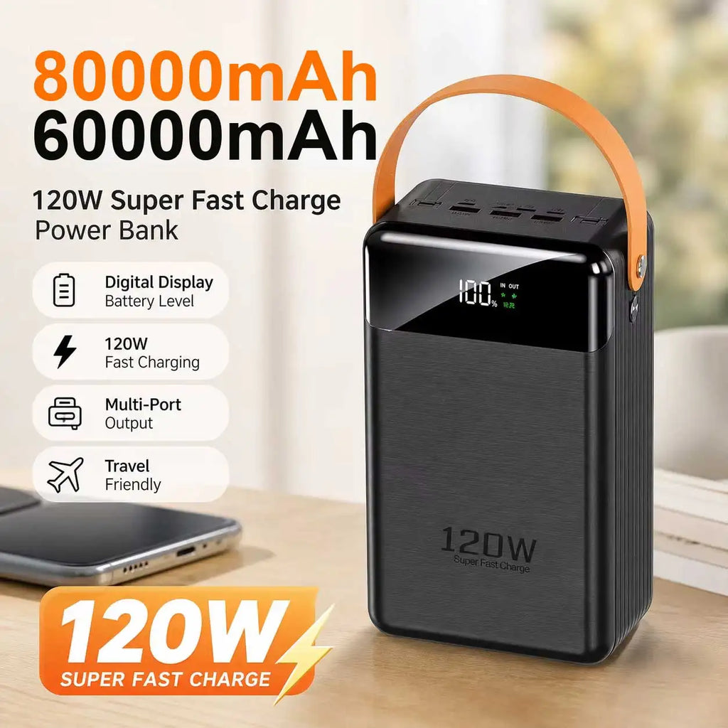 Portable Power Bank with Built-In Dual Cables – 60000mAh–120000mAh 120W