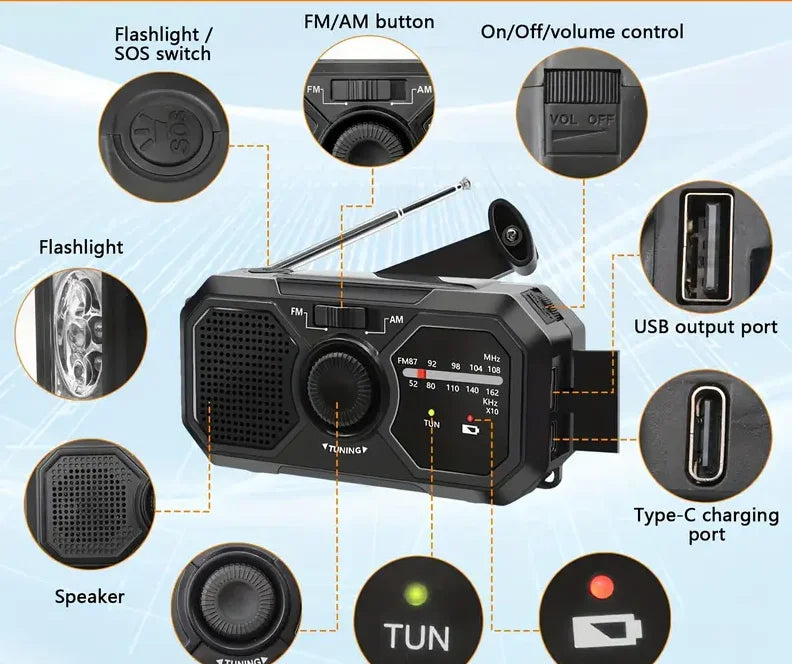 Portable Solar Emergency Radio – Hand Crank AM/FM, USB Charger & Flashlight
