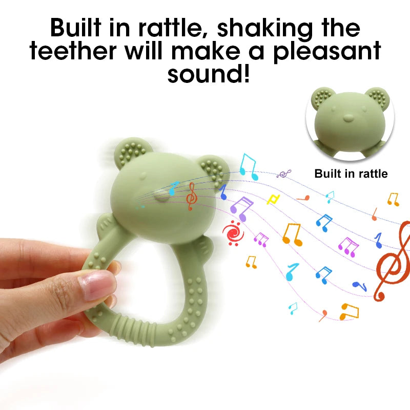 Baby Teether Toy - Cute Bear Shape with Rattle Sound - Soft Silicone, BPA-Free - Soothing Sore Gums for Newborns & Infants - Pretty & Polished