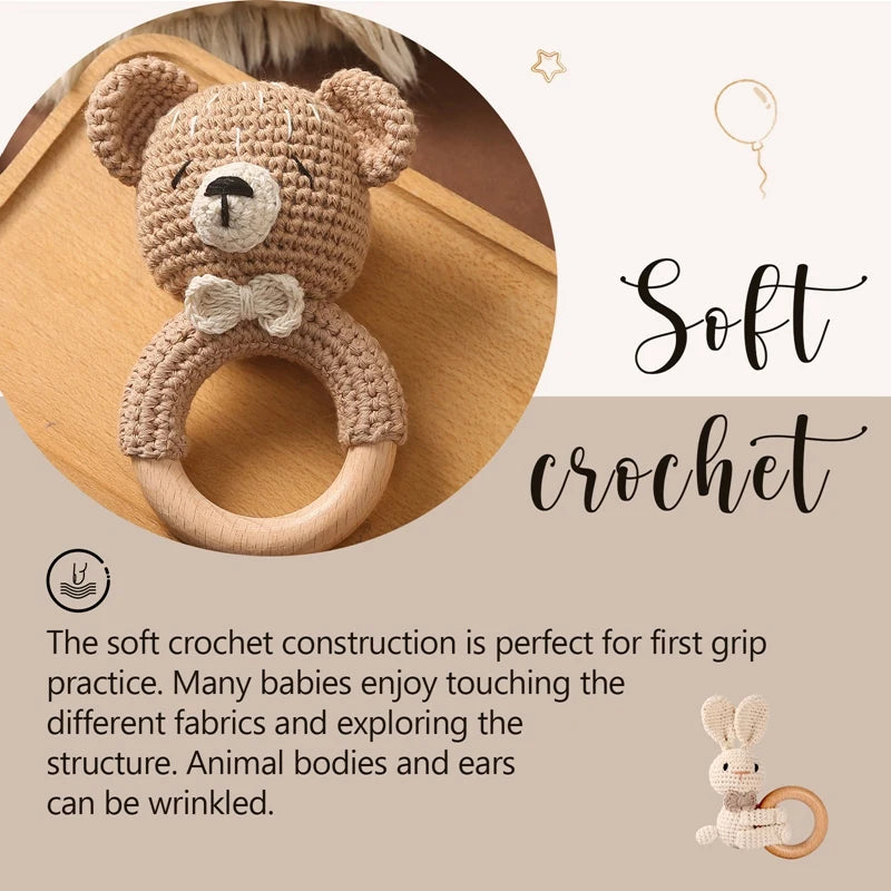 Wooden Teether Rattle - Soothing Music Ring with Rabbit Design for Babies - Pretty & Polished