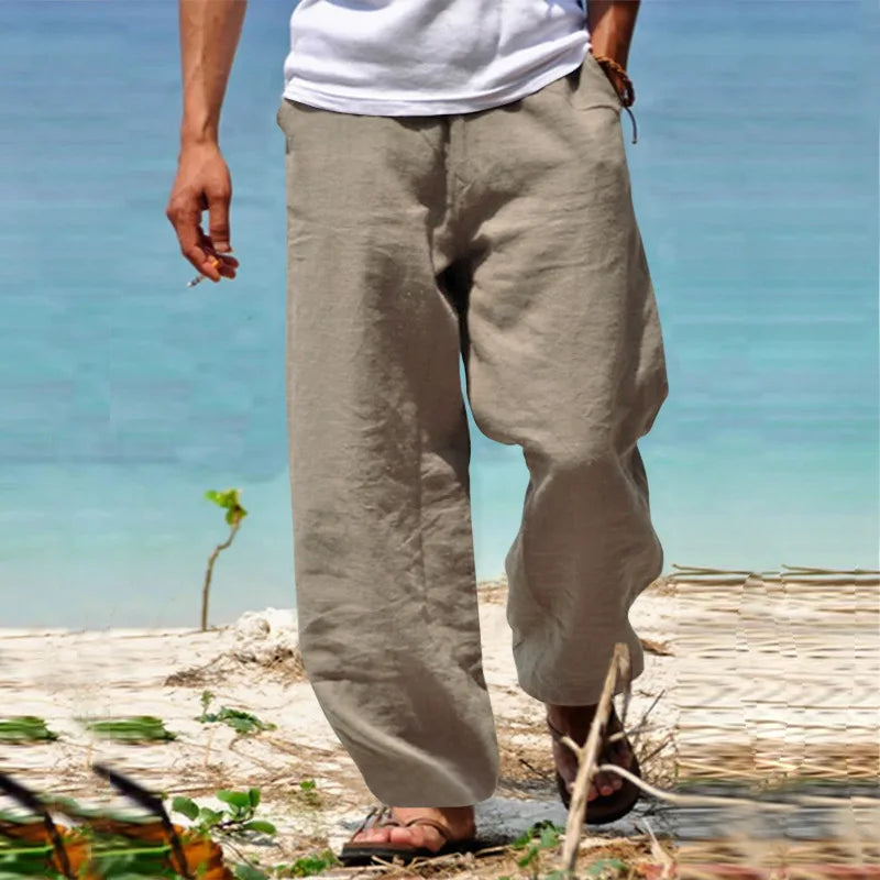 2025 New Men's Cotton Linen Pants Loose Autum Casual Pants Male Breathable Solid Color Drawstring Jogger Yoga Long Trousers