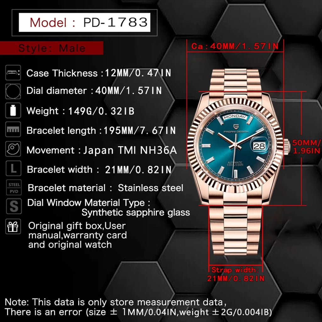 PAGANI DESIGN DD40 Rose Gold Men's Automatic Watch – NH36 Movement