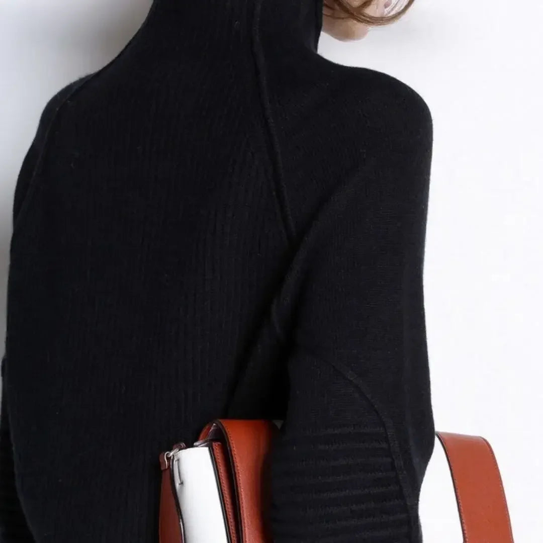 Women's 100% Wool Camel Sweater – High Collar Loose Knit Pullover
