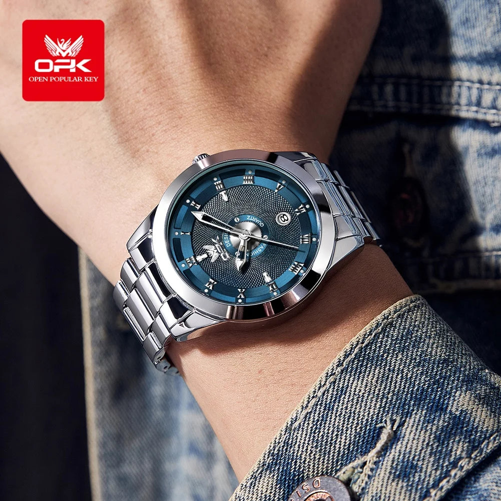 OPK Men's Roman Scale Quartz Watch – Stainless Steel Luminous Calendar