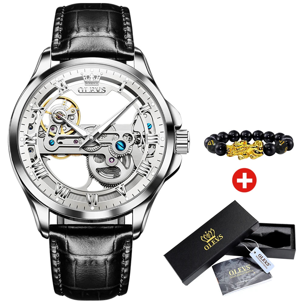 OLEVS Men's Automatic Mechanical Watch – Leather Strap Gift Box