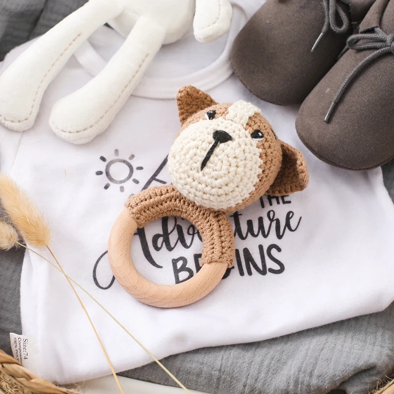 Wooden Teether Rattle - Soothing Music Ring with Rabbit Design for Babies - Pretty & Polished