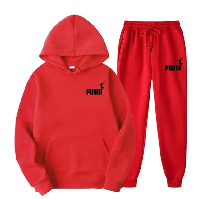 Autumn and winter new men's sportswear set, outdoor cycling windproof and warm men's hooded sweatshirt + pants 2-piece set