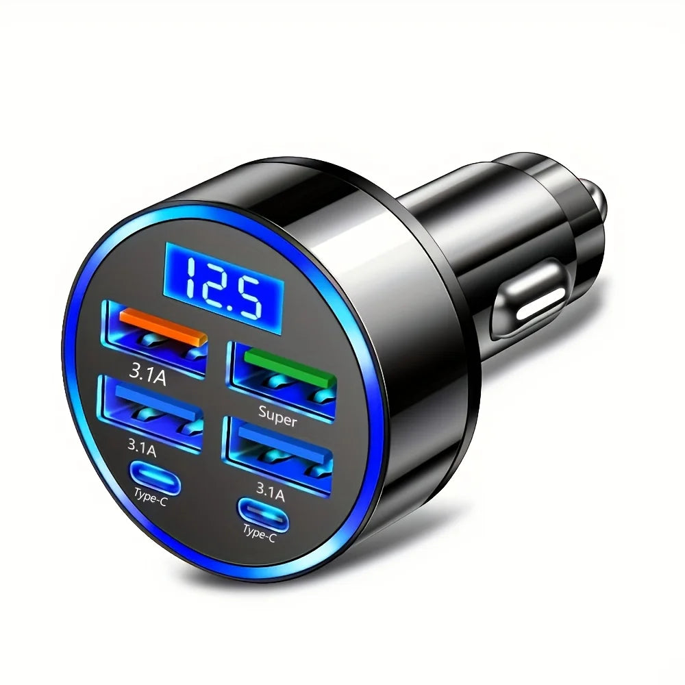 6-in-1 Fast Charging Car Adapter – Dual USB-C Digital Display 3.1A