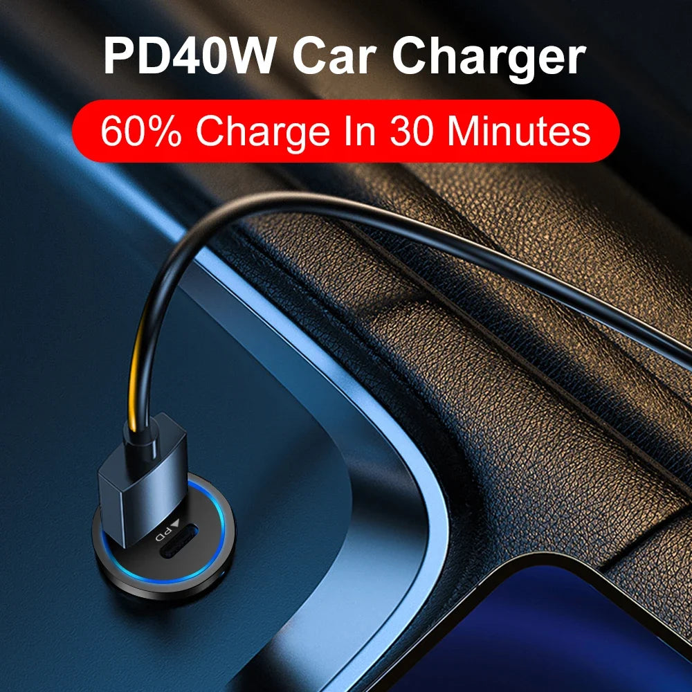 40W Dual PD USB-C Car Charger – Fast Charging for iPhone & Android