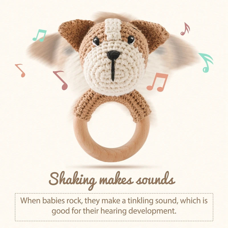Wooden Teether Rattle - Soothing Music Ring with Rabbit Design for Babies - Pretty & Polished