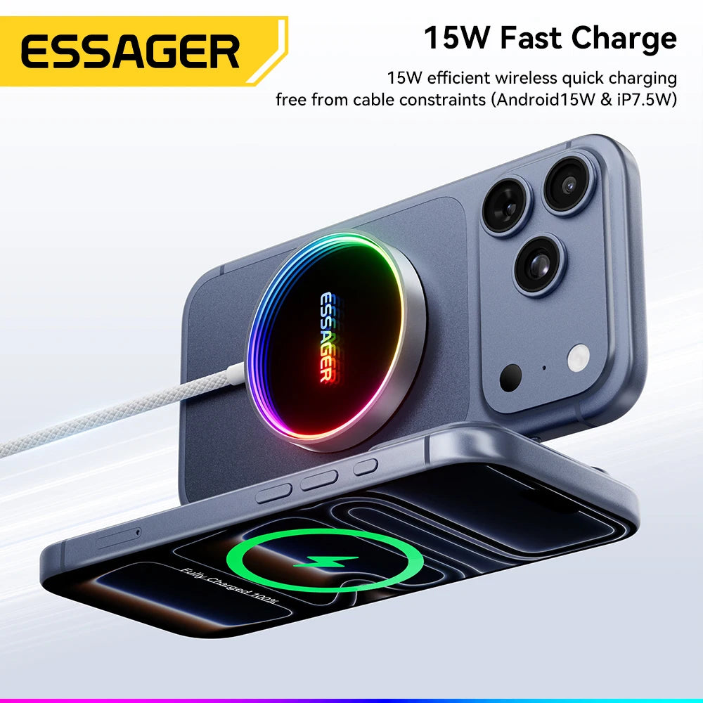 ESSAGER 15W Magnetic Wireless Charger Pad – Qi2 Fast Charging for iPhone 14–17