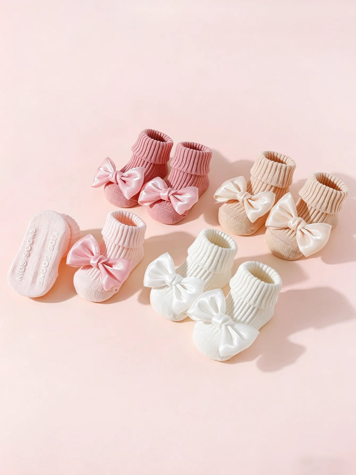 Soft Cotton Baby Girls' Socks with Bow – 4 Cozy Pairs for Tiny Feet
