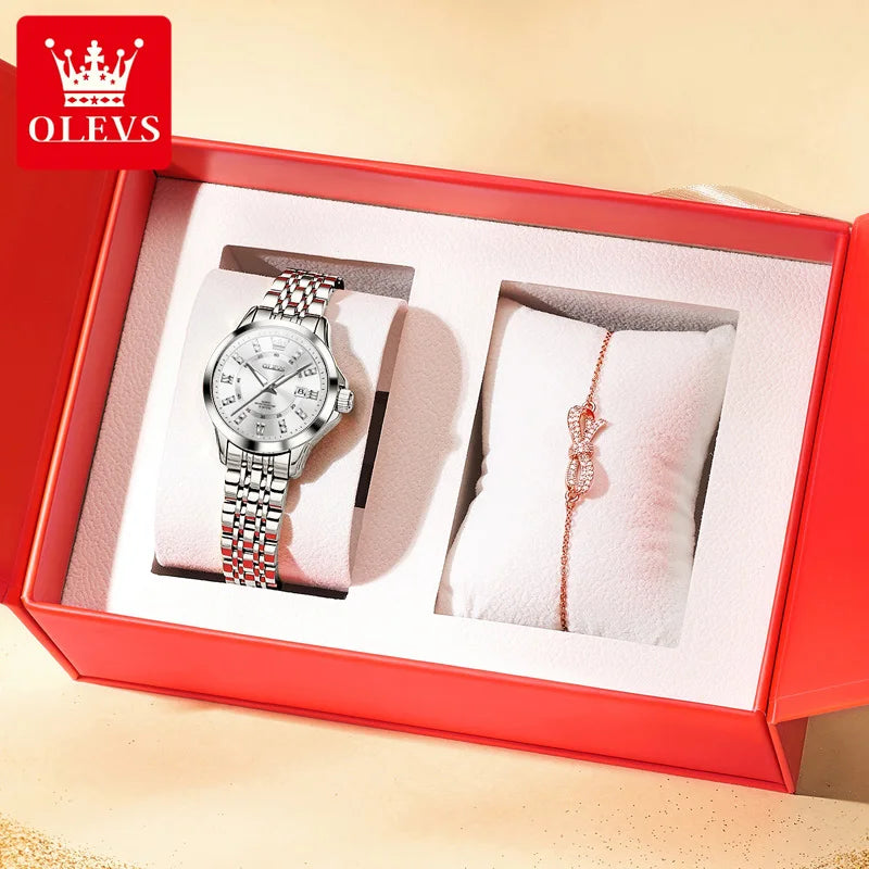 OLEVS Women's Diamond Quartz Watch & Bracelet Set – Calendar Display