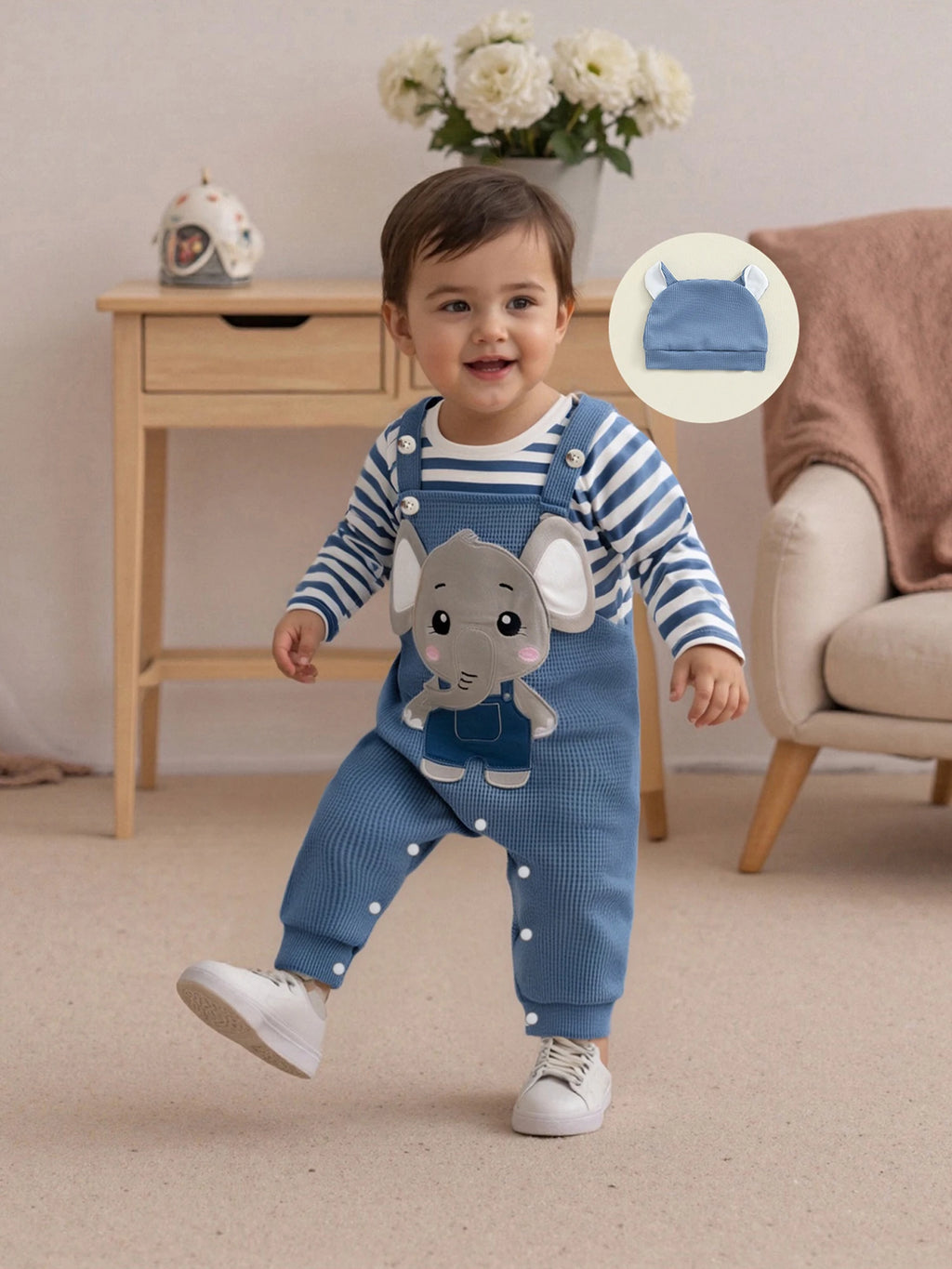 Cute & Comfy Newborn Baby Boys Outfit Set – 3-Piece Striped Romper and Hat