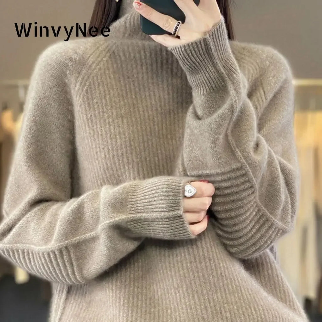 Women's 100% Wool Camel Sweater – High Collar Loose Knit Pullover