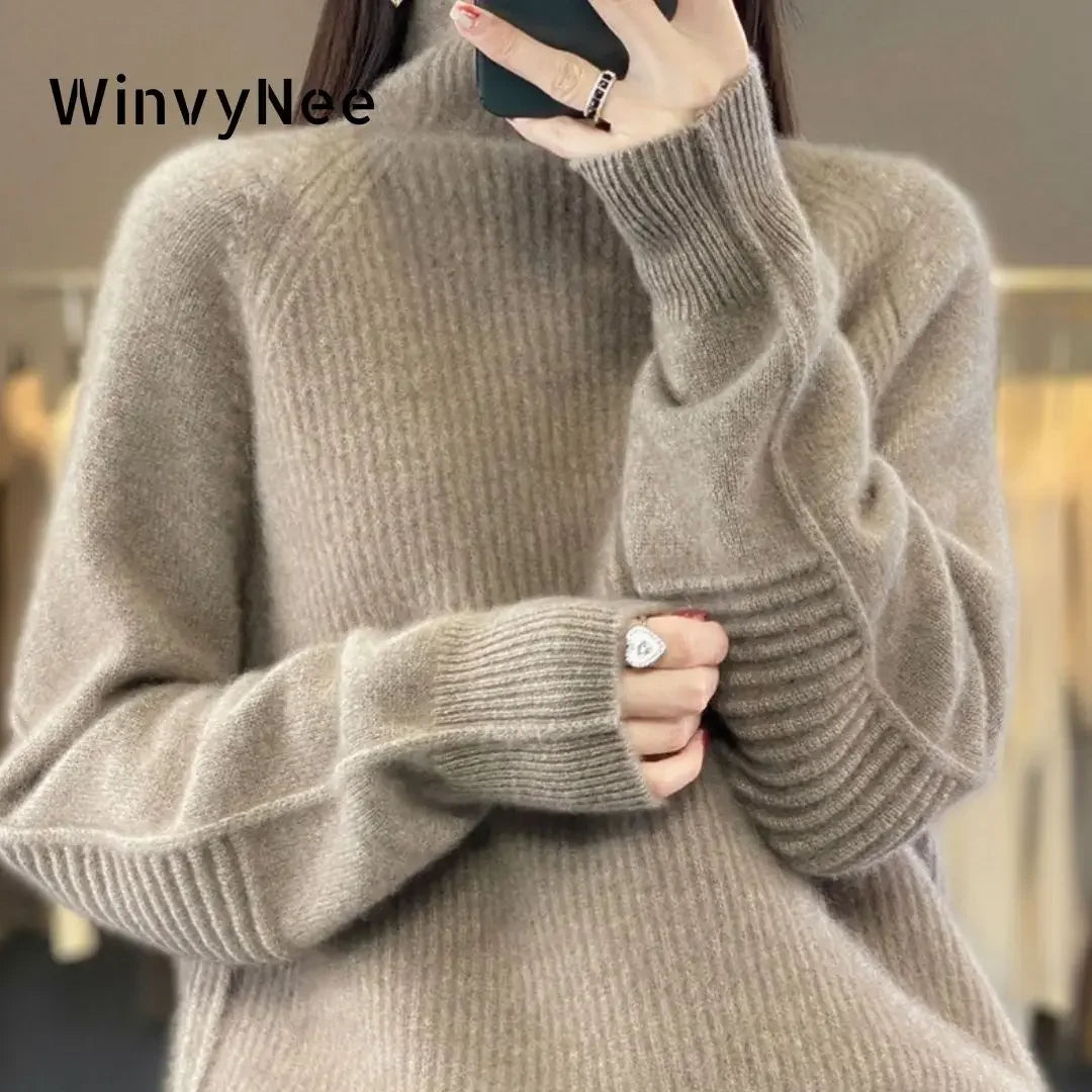 Women's 100% Wool Camel Sweater – High Collar Loose Knit Pullover