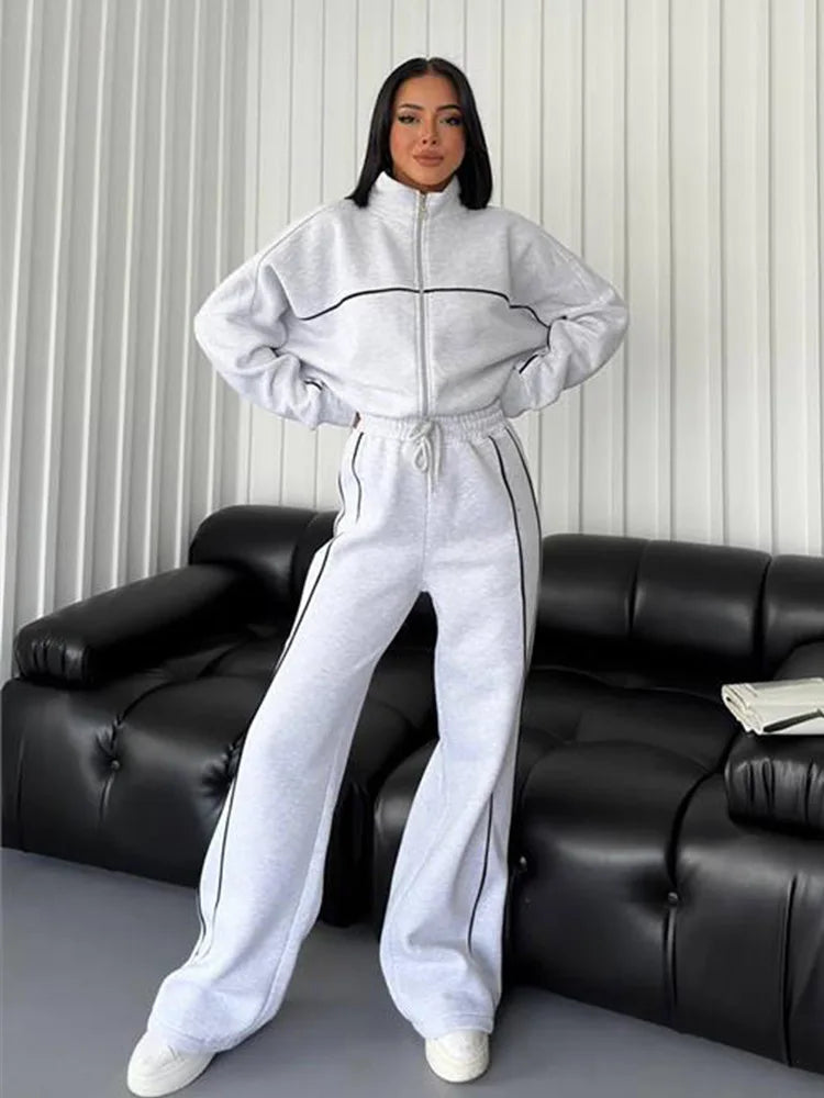 Zekye Women's Clothing Long-sleeved Semi-turtleneck Cardigan Sweater Strappy Striped Trousers Women's Suit Collection 2025